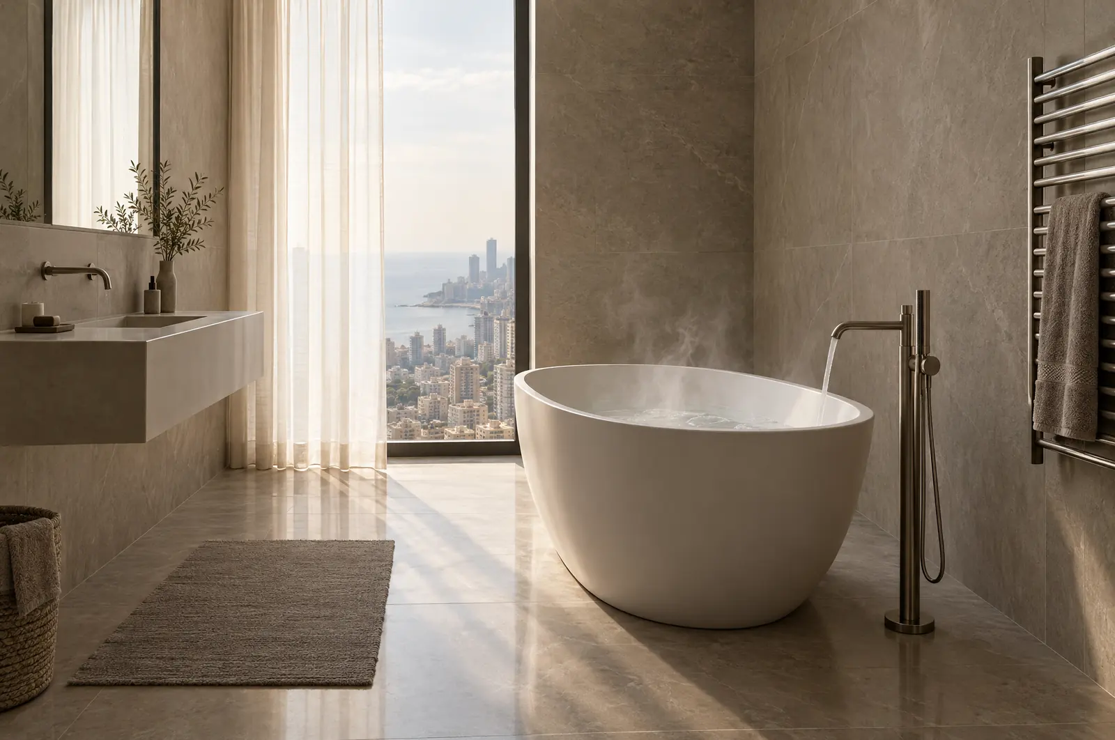 A stone bathroom with a freestanding tub, floor-mounted mixer and towel warmer