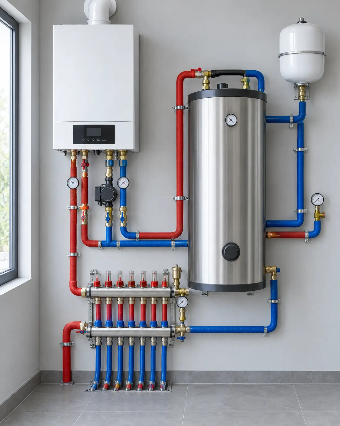 A mechanical room with a wall-hung boiler, hot water cylinder, red and blue pipework and a manifold