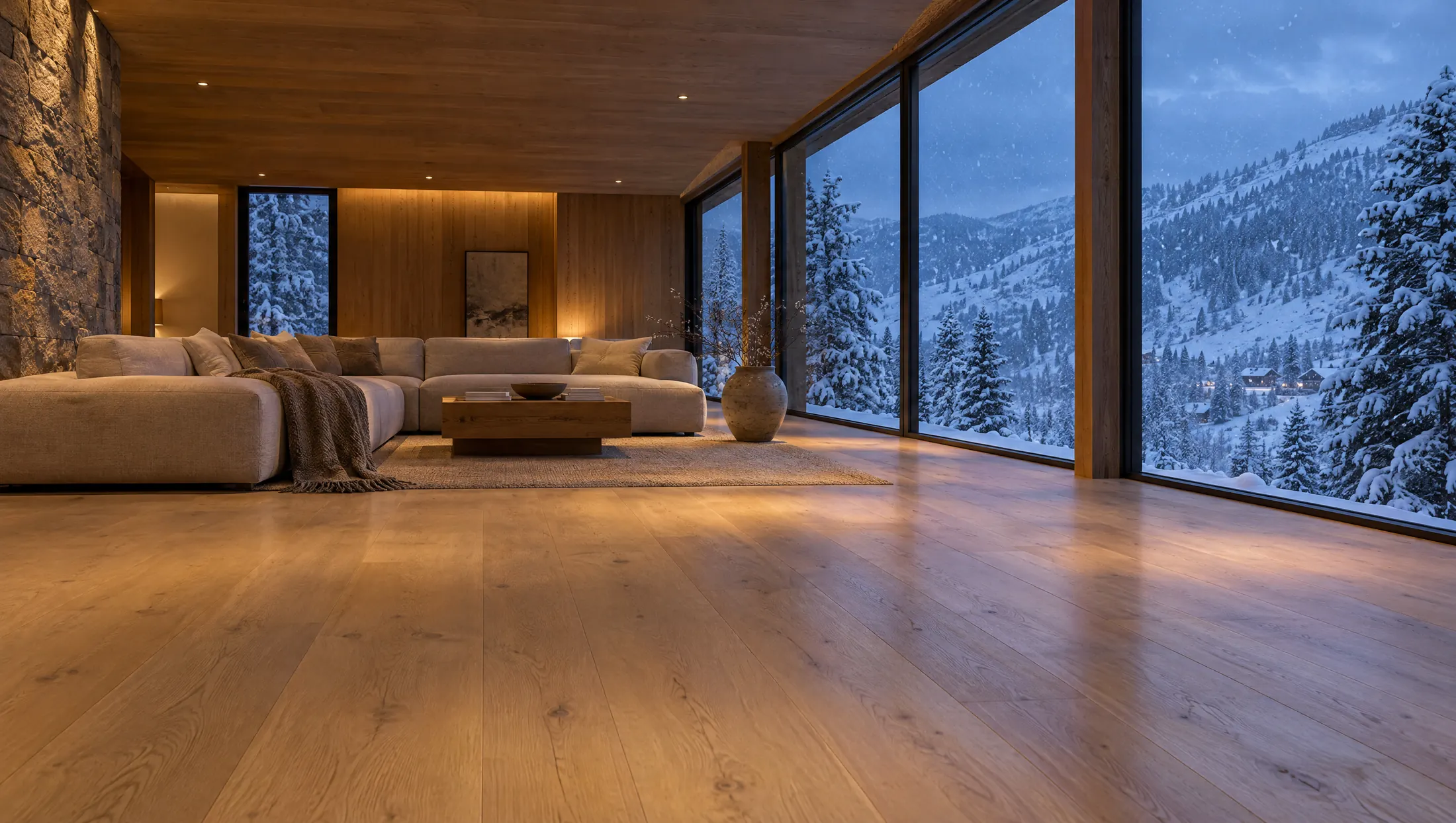 A chalet living room in the snow with a wide oak floor, warm interior light and large windows