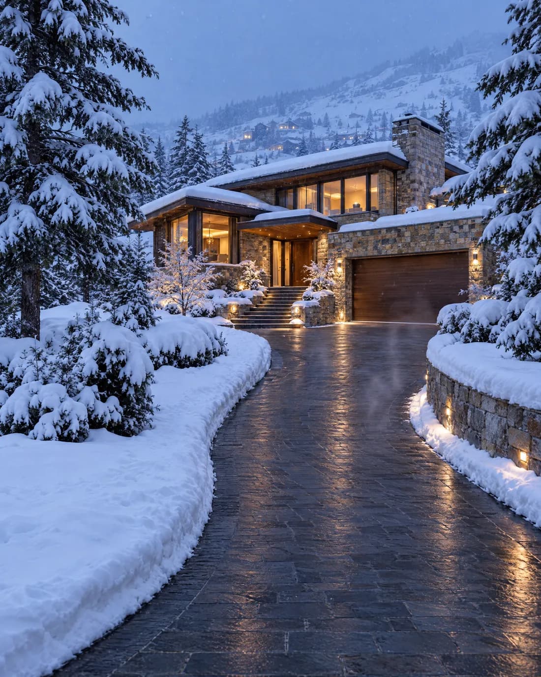 A stone villa in the snowy mountains at dusk, its heated driveway clear and dry between banks of snow